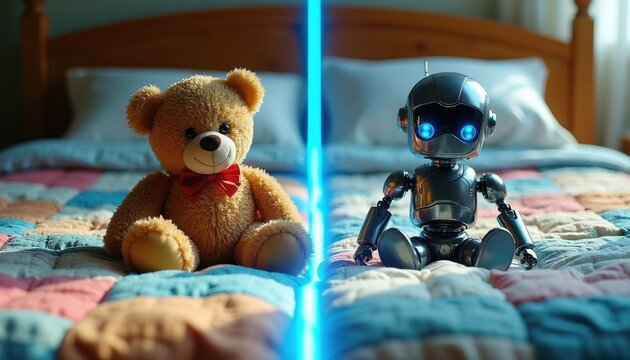 Teddy bear and robot sit on bed split by glowing blue line. Contrast between childhood toy and advanced tech. Represents past vs future evolution and artificial intelligence concepts.