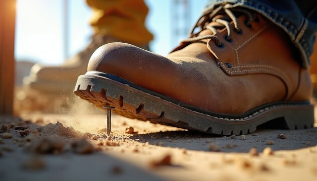 Worker boot about to step on sharp nail. Close-up shows danger on construction site floor. Safety footwear prevents foot injury from puncture hazard.