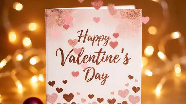 Happy Valentines Day Card Surrounded by Bokeh Lights and Hearts.