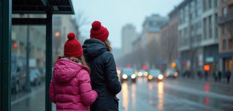 Mother and daughter wait at city bus stop in pink and black coats with red hats in the rain. They stand on wet pavement near road with traffic. Buildings line street.