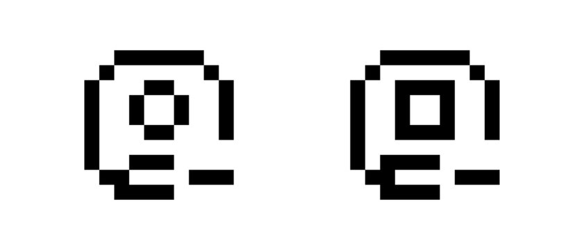 Pixel user search icons set, 8-bit profile with magnifier symbols, retro blocky find user UI icons