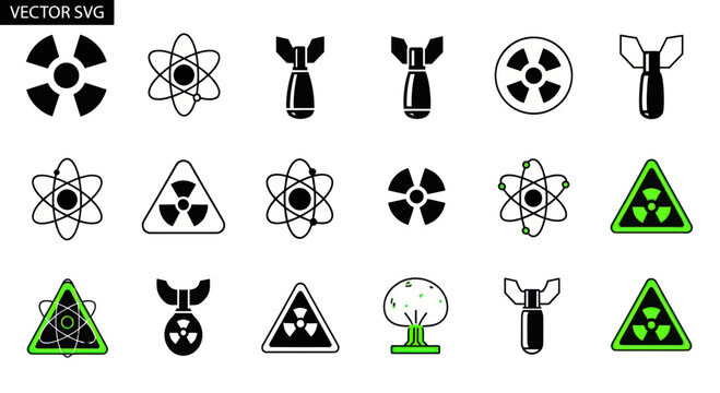 Atomic Bomb and Radiation Symbols Vector Icon Set