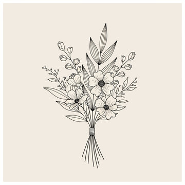 Elegant floral bouquet illustration with delicate line art and intricate details.