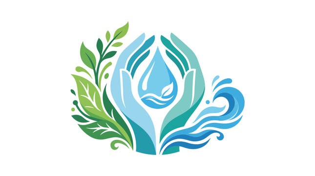 A stylized logo featuring hands cradling a water droplet surrounded by leaves and waves.