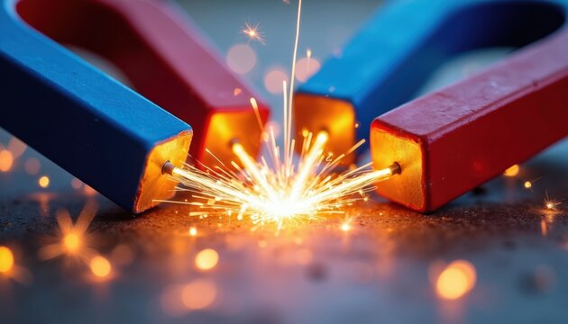 Two horseshoe magnets repel each other, creating bright sparks. Blue and red magnet ends face off on dark surface. Science concept shows magnetic force energy.