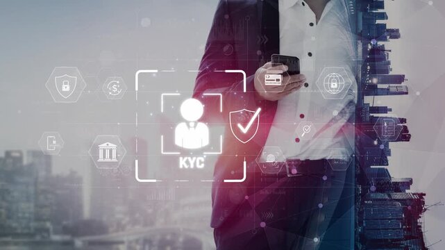 Digital KYC verification with biometric scan, ID authentication, and financial security icons representing identity verification, secure onboarding, fraud prevention, and compliance Marrow