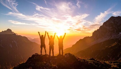 Fototapeta premium Three friends standing with raised arms on mountain peak at sunset, representing teamwork, success, achievement, victory, and reaching goals together