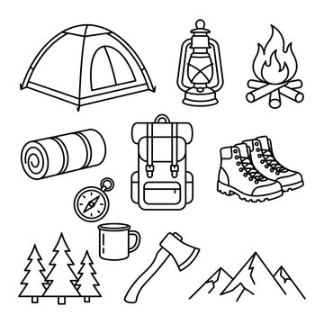 Camping outdoor adventure equipment line art icons set isolated on transparent background