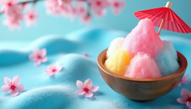 Colorful Japanese shaved ice dessert served in wooden bowl with red paper umbrella. Pink cherry blossoms and light blue wavy background create serene spring atmosphere.