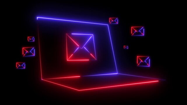 neon laptop and message icon animation with black background. message icon concept. Glowing email icon on a laptop. animation