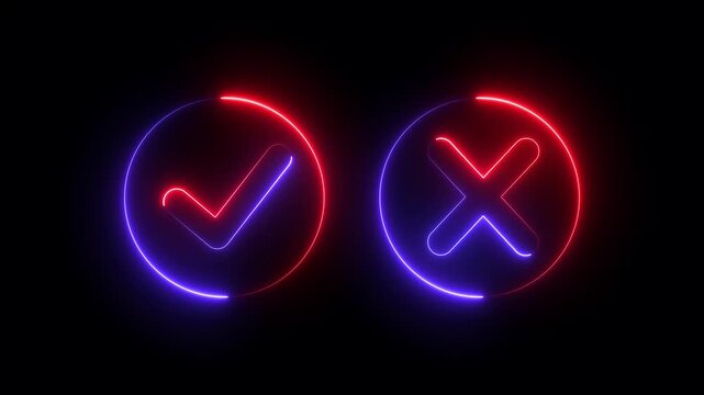 Glowing neon Tick or check mark icon on Black Background . right and wrong animated neon icons, False and true. Correct and incorrect, "Minimal neon Check Mark and Cross Icon in Circle. animation