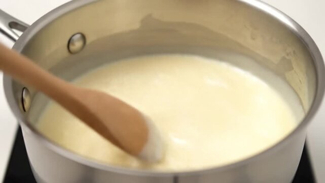 Wooden Spoon Stirring Creamy Vanilla Custard in Saucepan