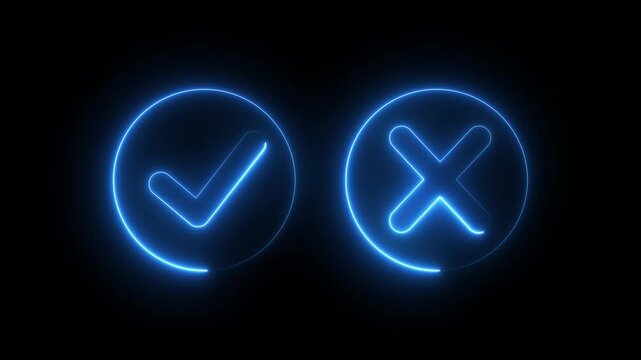 Glowing neon Tick or check mark icon on Black Background . right and wrong animated neon icons, False and true. Correct and incorrect, "Minimal neon Check Mark and Cross Icon in Circle. animation