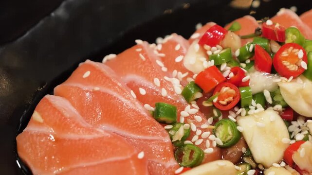 This footage features fresh, thinly sliced sashimi-grade salmon marinated in a zesty Thai-style dressing made from lime juice, fish sauce, and palm sugar. It is heavily garnished with fresh aromatics,