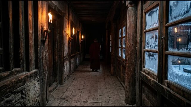 Monk walking through ancient monastery corridor with candlelight, spiritual atmosphere