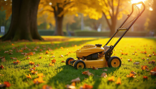 Yellow lawn mower sits on green grass with fallen autumn leaves. Warm sun rays shine on backyard garden, ready for yard work. Season change prepares lawn for winter.