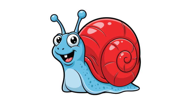 Cute Blue Cartoon Snail with Red Shell, Funny Face, Isolated on White