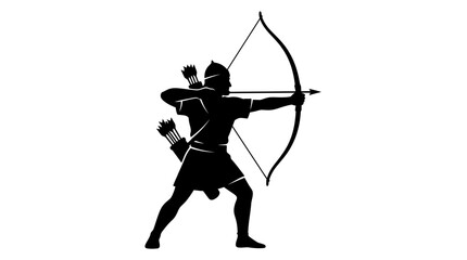 Fototapeta premium Silhouette of an ancient warrior archer drawing a bow and arrow, focused and ready to shoot, symbolizing skill and precision.