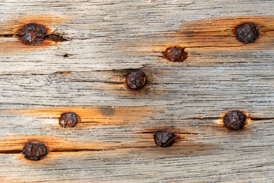 Close-up of aged wooden boards fastened with rusty nails, showing weathered grain, cracks, and dark stains from long exposure to outdoor conditions.