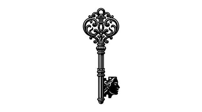 A beautifully detailed black and white vector illustration of an ornate, vintage skeleton key, featuring a woman's profile, symbolizing unlocking potential, mystery, solutions, and hidden opportunitie