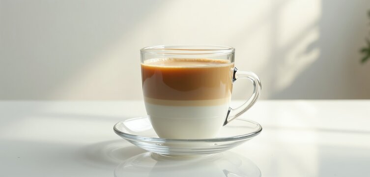 Clear glass mug holds layered coffee with milk on saucer. Minimalist drink set on white surface. Refreshing caffeine beverage for morning or cafe.