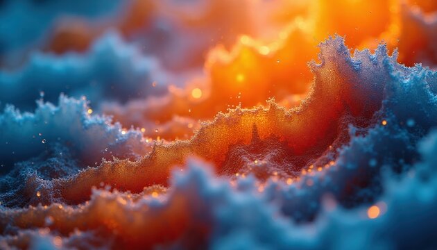 Abstract swirling clouds of color depict energy and motion. Blue and orange hues mix with light sparks, creating a dynamic, vibrant, textured surface. A sense of heat and flow is apparent.