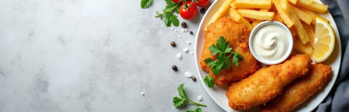 Golden fried fish pieces and french fries served with creamy tartar sauce. Garnished with fresh parsley lemon slice and cherry tomatoes, this dish is perfect for menus.