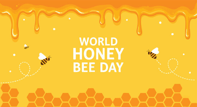 World Honey Bee Day Celebration Banner. Cartoon Illustration with Honey Drips and Bees. Event Background.