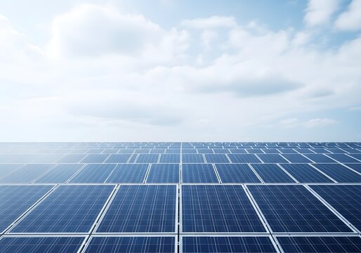 Expansive array of photovoltaic panels under a bright daylight sky with fluffy clouds, capturing abundant solar energy for sustainable power generation and a greener future