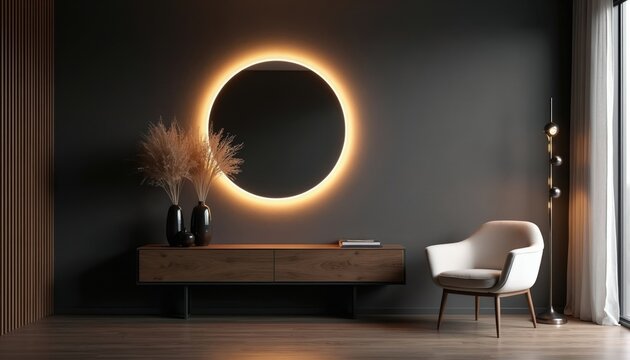 Dark modern room with illuminated round mirror, wooden console, vases, and armchair. Elegant contemporary furniture creates sophisticated ambiance for home decor. Minimalist style with warm lighting.
