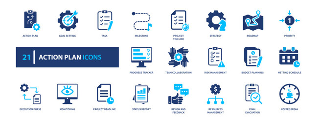 Action plan icon set. strategy, planning, workflow, management, process. solid style icon collection. © AhmadTriwahyuutomo