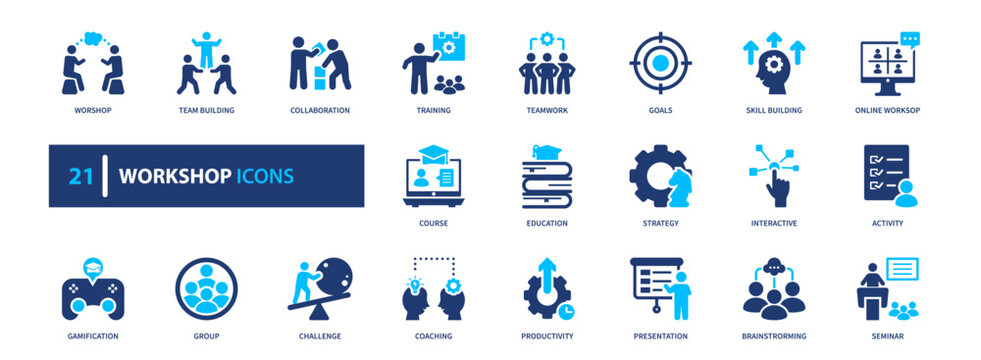 Workshop icon set. training, development, teamwork, learning, process. solid style icon collection.