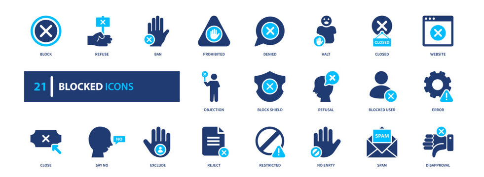 Blocked access icon set. restriction, security, prohibition, warning, control. solid style icon collection.