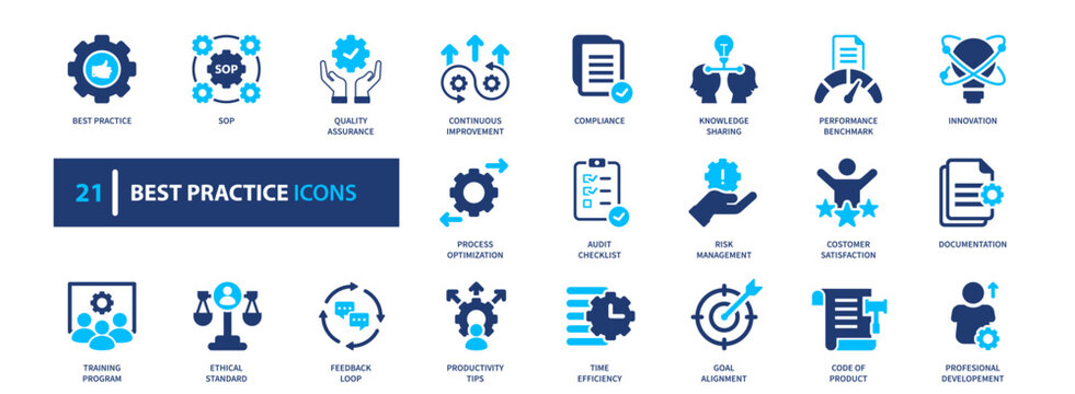 Best practice icon set. strategy, optimization, process, management, performance. solid style icon collection.