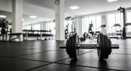 Fototapeta premium Dumbbell on gym floor with fitness equipment in background for strength training and exercise inspiration. concept of workout motivation, physical health, and gym lifestyle, copy space