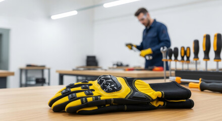 Fototapeta premium Protective work gloves on workshop table with focused worker in background. concept of safety gear, industrial workplace, hands-on experience