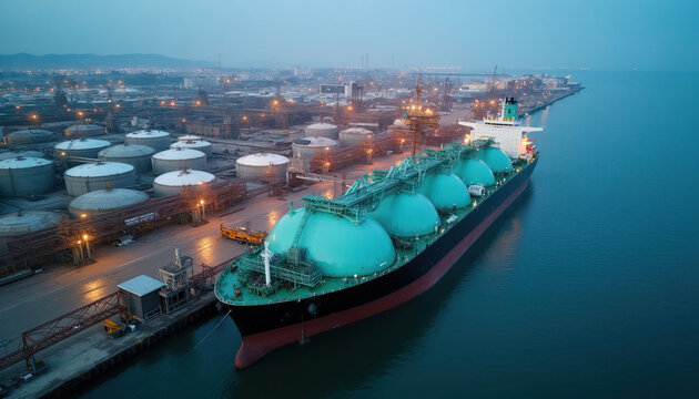 LNG tanker ship at gas terminal with storage tanks. Massive cargo vessel docks at port for fuel export, import, and global energy logistics.