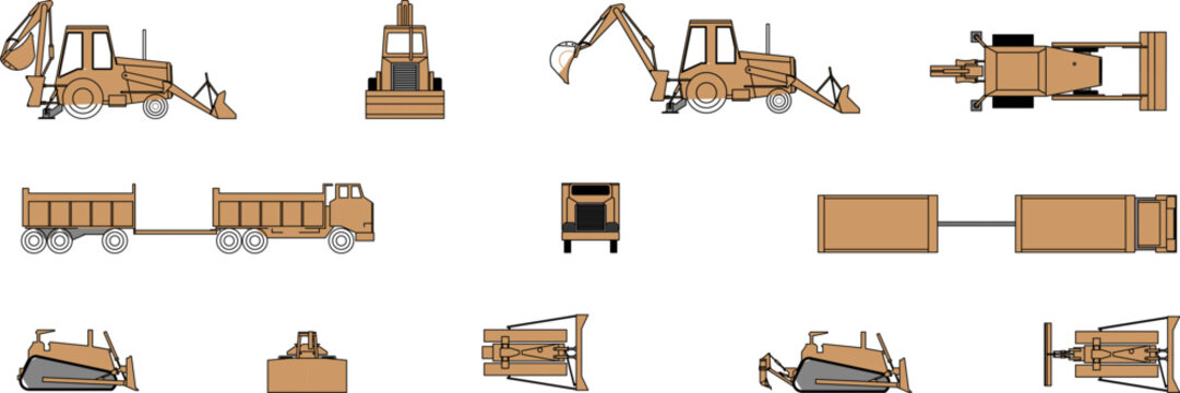 A technical flat vector illustration set featuring a backhoe loader, a dump truck with a trailer, and a bulldozer shown from multiple orthographic perspectives, including side, top, and front views.
