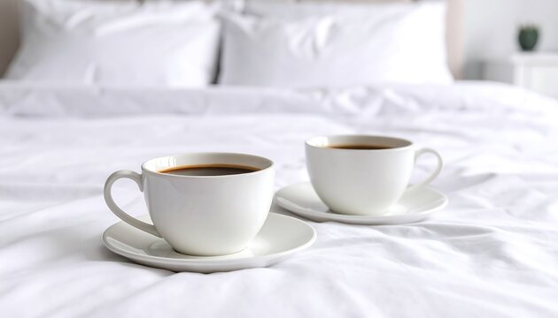 Two white cups of coffee on saucers sit on a bed with white linens, implying relaxation and a morning routine. The scene evokes a cozy feel