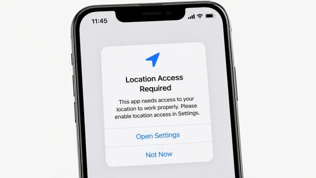 Smartphone displaying location access required message on white background. concept of digital permissions, privacy settings, mobile technology usage