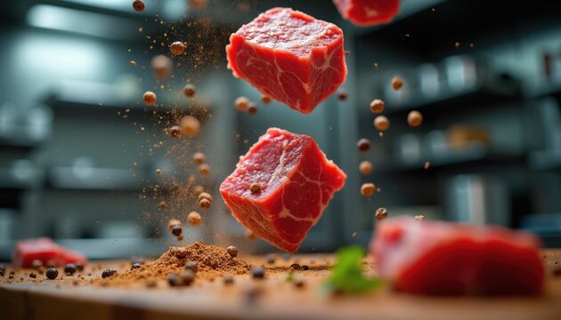 Raw beef cubes and spices fall in air over kitchen counter. Meat and seasoning fly near pile of powder. Fresh ingredient for dinner preparation.