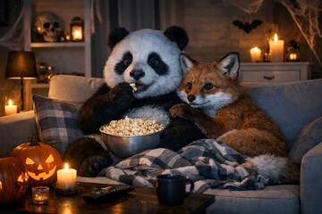 Naklejka premium Cozy panda and fox enjoying popcorn on couch surrounded by candles and pumpkins in halloween decor. concept of friendship, relaxation, autumn evening