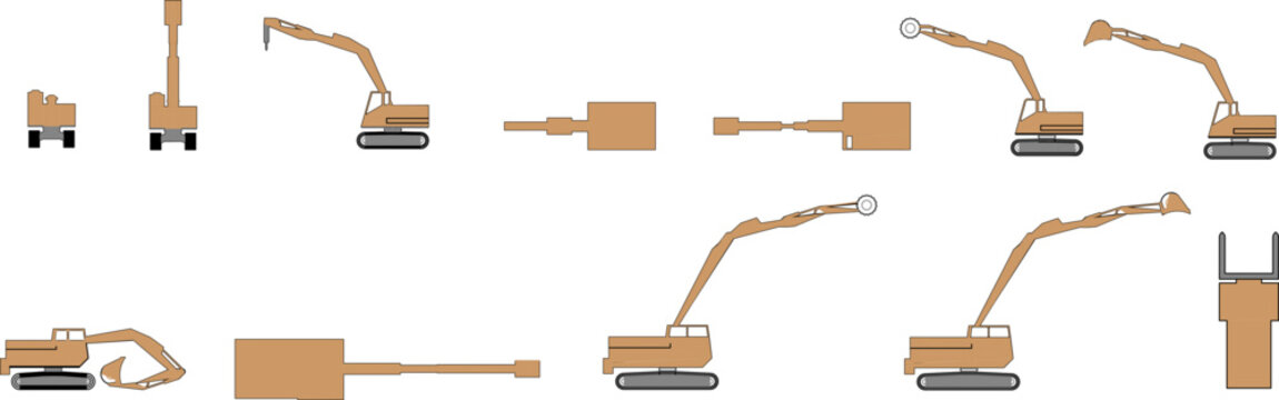 Excavator illustrations in various positions and angles. Minimalist design showing construction equipment from different views - side, front, top, and operational positions.