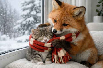 Obraz premium Adorable fox gently wrapping kitten in cozy scarf by snowy window on winter day. concept of unlikely friendship, cozy companionship, adorable animal interaction