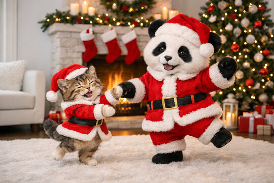 Cute kitten and playful panda in santa outfits dancing by cozy fireplace with christmas decor and tree