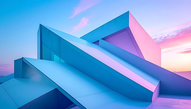 geometric abstract architecture with pastel sky, clean lines and angular shapes, futuristic design concept, building exterior in soft pink and blue light