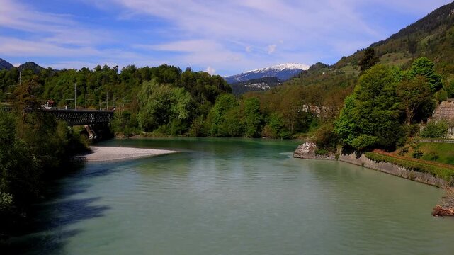 where the Rhine tributaries unite in Switzerland in reichenau 4k video