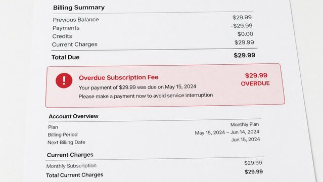 Overdue subscription fee notice with total amount due and payment request for service continuation
