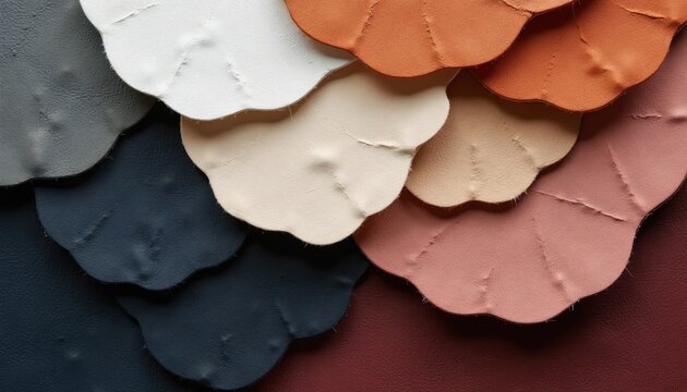 Abstract layered leather swatches create a warm neutral color palette. Organic shapes and textures overlap creating depth and detail. Smooth and rough surfaces display varied hues.