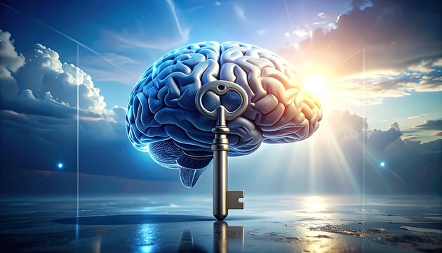Glowing digital brain with a key in the foreground, symbolizing knowledge, ideas, and unlocking potential, set against a dramatic sky with sun rays